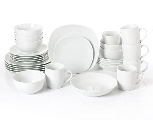 Image of 30pc Waterside White Porcelain Dinner Set; 6 Square Dinner Plates, 6 Square Side Plates, 6 Shallow Bowls, 6 Deep Bowls and 6 Barrel Mugs - Dishwasher & Microwave Safe