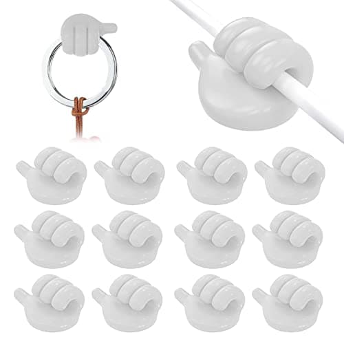 Image of SwirlColor Adhesive Small Hand Hook, 12 Pcs Creative Thumbs up Wall Hook Self Adhesive Hooks Silicone Cable Tidy Clips Towel Key Cable Organisers for Kitchen Bathroom Office Desk Closet -White