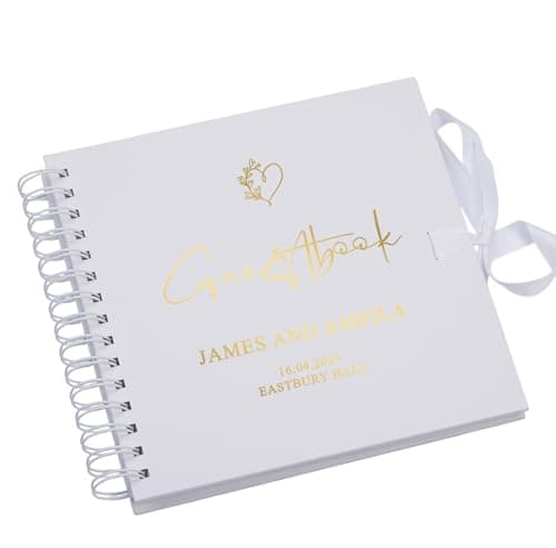 Image of Personalised Wedding Guestbook with Delicate Heart Foil Design, 20.3 x 20.3 cm, Spiral Binding, Multiple Colours (White)