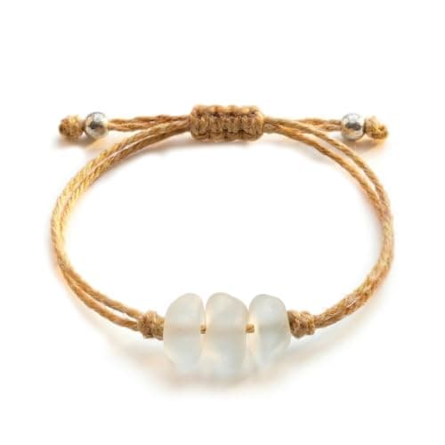 Image of PEPELUALI 3 Stone Sea Glass Bracelet Handmade Beach Bracelet Surfer Bracelet Adjustable, Best Friend Bracelet Gift,Summer Gift, Ocean Jewelry (White)