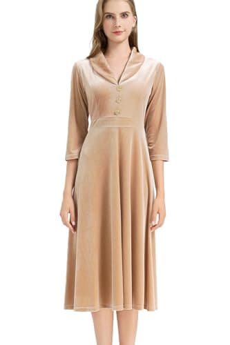 Image of AXOE Women's Velvet Dress Elegant Vintage Midi 3/4 Sleeves Autumn Winter Fashion for Wedding Guest Soft Blush, UK Size 10, S