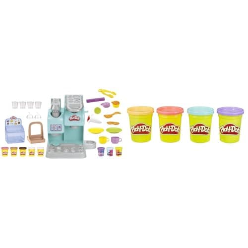 Image of Play-Doh Kitchen Creations Super Colourful Cafe Play Food Coffee Toy & 4 Pack of Sweet Themed Non-Toxic Colors for Kids 2 Years and Up, 4-Ounce Cans (Pink, Light Blue, Bright Orange
