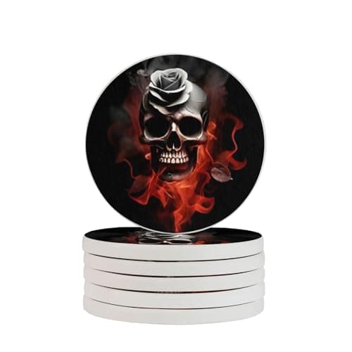Image of Fire Skull Rose Round Diatomaceous Earth Coaster Set – Natural, Eco-Friendly, Fast-Absorbing Circular Coasters (1/2/4/6-Piece Pack) With Full-Print Design & Smooth Rounded Edges