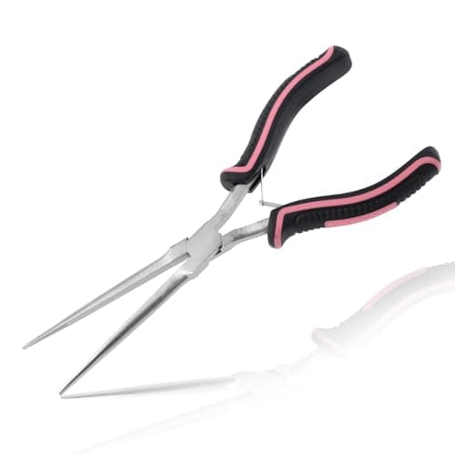 Image of LEONTOOL 7" Extra Long Needle Nose Pliers for Jewelry Making, Long Reach Tool Slim with Teeth, Mini Precision Jewelry Pliers for Wire Looping, Small Object Gripping, Pink Tool for Women