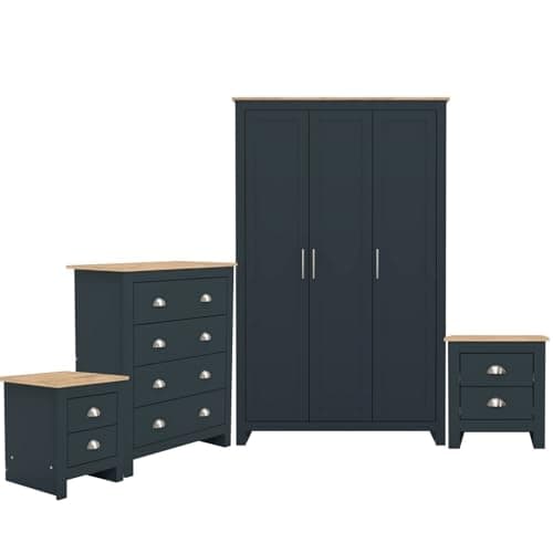 Image of GFW Lancaster 4 Piece Bedroom Set Slate Blue Bedside Cabinet Chest Drawers Wardrobe