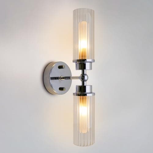 Image of Long Life Lamp Company Twin Ribbed Glass Bathroom Wall Light Polished Chrome Slim Side Mirror Lights IP44 H3137