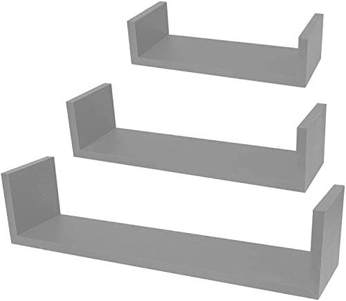 Image of Set Of 3 Different Sizes U Shaped Wooden Floating Shelf DIY Display Unit Shelves (Grey)