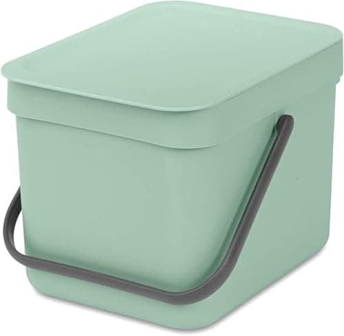 Image of Brabantia Sort & Go Food Waste Bin 6L (Jade Green), Space-Efficient Plastic Recycle Bin with Handle, Removable and Stay-Open Lid, Easy to Clean Kitchen Compost Caddy without Nooks and Rims