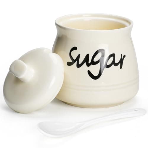 Image of Cyimi Sugar Bowl Porcelain with Lid and Spoon, 355 ML/12 OZ, Ceramic Sugar Storage Jar, Sugar Salt Pot Seasoning Canister Suit for Coffee Bar, Restaurant, Home, Kitchen, Beige