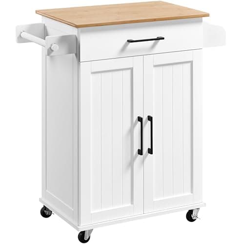 Image of Yaheetech Kitchen Storage Trolley on Wheels With Bamboo Worktop, Rolling Kitchen Island Cart With Towel & Spice Rack for Dining Rooms, White