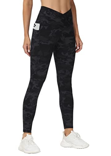 Image of THE GYM PEOPLE Women's V Cross High Waist Yoga Leggings with Pockets, Tummy Control Yoga Pants for Ladies Gym Sports Running, BlackGrey Camo, M