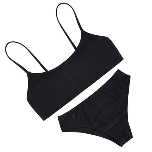 Image of Girls Swimsuit Solid Bathing Suit 2 Piece Twist Cross Adjustable Straps Bikinis for Teen Girls with Chest Pad (UK, Age, 8 Years, 9 Years, Regular, Black)