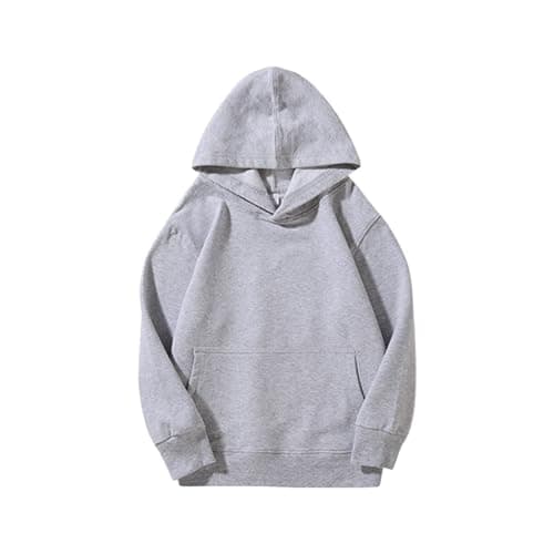 Image of Boys Girls Plain Hoodie with Pocket Loose Hoodies Kids School Jumper Solid Color Long Sleeve Hooded Sweatshirt Cotton Sports Pullover Outdoor (Grey, 13-14 Years)