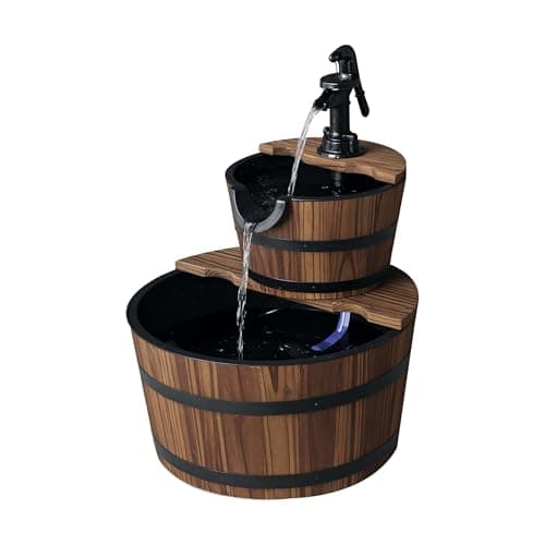 Image of Outsunny Wooden Water Pump Fountain Cascading Feature Barrel Garden Deck (2 Tier)