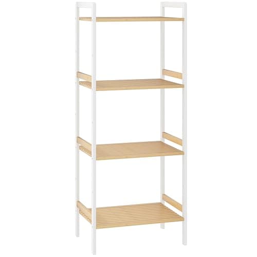 Image of HOMCOM 4-Tier Bamboo Bathroom Storage Shelf, Freestanding Shelving Unit with Adjustable Rack for Kitchen Bathroom Living Room, Natural and White