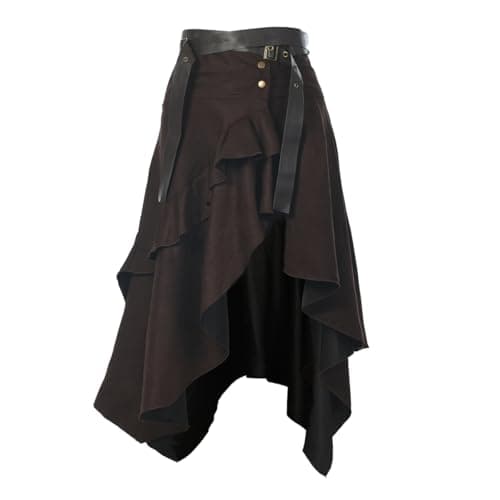 Image of Vintage Suede Skirt for Women Gothic Punk Style Irregular Ruffled High Waist A-line Skirt with Belt Brown