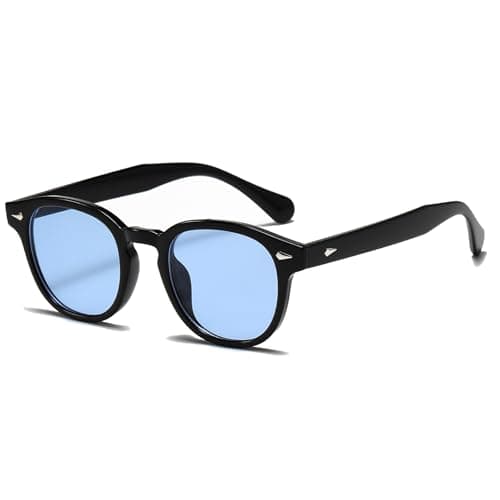 Image of Long Keeper Retro Round Sunglasses Mens Womens Vintage Small Circle Sunglasses Designer Oval Round Frame Unisex Retro Sun Glasses UV400 Protection (Bright Black Frame Blue Tinted)