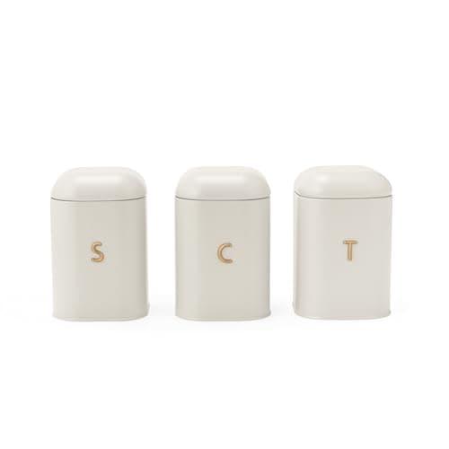 Image of Salter Pebble Canister Set - 3 Piece Countertop Set, Tea Coffee Sugar Storage Tins, Brass Effect Lettering, Kitchen Worktop Containers for Dry Goods, Powder Coated Carbon Steel Caddies, Stone