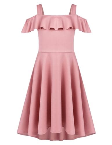 Image of Arshiner Children's Dress Off Shoulder Summerdress Girls A-Line Swingdress Plain High-Low-Dress Skatersress with Pocket Pink150/11-12 Years