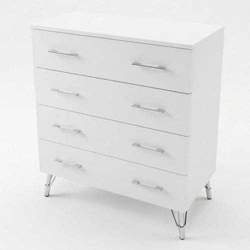 Image of FWStyle Maldon Matt White 4 Drawer Chest of Drawers Modern Bedroom Storage Unit with Chrome Metal Legs & Handles Deep Drawers Sturdy Build H87 x W77 x D41.5cm