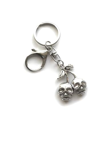 Image of KEYRING - Cherry Skulls - Silver Plated. 30mm Split Ring And Trigger Clasp. Goth Emo Rock. Key Ring. Cherry Skulls