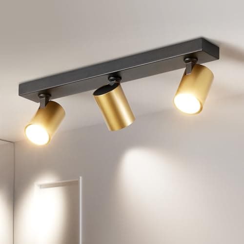 Image of HARPER LIVING 3-Way Adjustable Ceiling Spotlights, GU10 Track Lighting Kit with 350° Rotatable Heads, Matt Black & Gold Finish - Modern Ceiling Lamp for UK Homes, Kitchen, Bedroom, Hallway (45cm)
