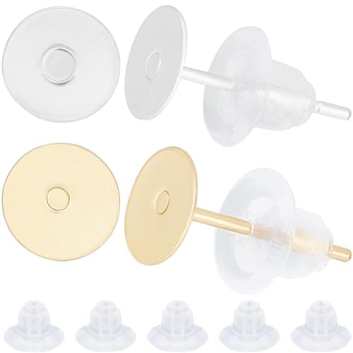Image of Beebeecraft 200Pcs 2 Color Stud Earring Findings 6mm 24K Gold & Sterling Silver Plated Stainless Steel Hypoallergenic Blank Post Earring Flat Pad Round Ear Studs with Ear Nuts for DIY Jewellery Making