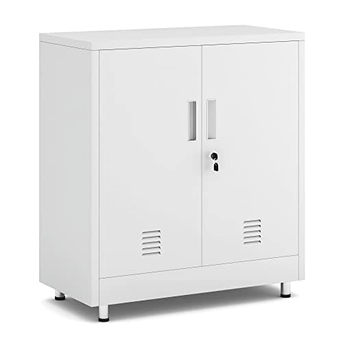 Image of JINGUR Metal Storage Cupboard with Locking Doors and Adjustable Shelf, Small Lockable Sideboard Buffet Cabinet for Home Office Hallway Entryway Living Dining Room (White)