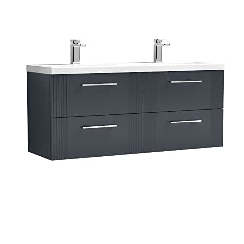 Image of nuie DPF1493F Deco Modern Bathroom Wall Hung 4 Drawer Part Fluted Vanity Unit with Twin Ceramic Basin, Soft Black