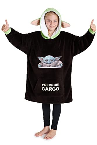 Image of Get Trend Disney The Mandalorian Hoodie Blanket for Kids Teenagers Fleece Wearable Blanket Warm Oversized Hoodie with Sherpa Hood Loungewear Baby Yoda Gifts Brown/Green