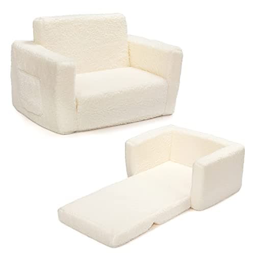 Image of BEJOY Kids Sofa Bed 2-in-1 Flip Out Cuddly Sherpa Toddler Couch Convertible Chair to Lounger Children Sofa Bed Children's Day and Birthday Gift for Girls Boys, White