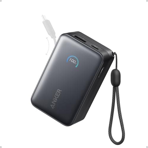 Image of Anker Nano Power Bank, 10000 mAh Portable Charger with 2 ft InstaCord Retractable Cable, 45 W Max Compact Battery Pack, Smart Display, for iPhone 16/17 Series, iPad, Galaxy, Pixel and More (Black)