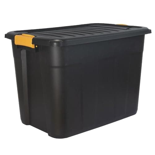 Image of DANIEL JAMES Housewares Heavy Duty Storage Box with Lid - Large Plastic Stackable Storage Boxes with Clip Handles - Lockable BPA Free Indoor Outdoor Garage Storage Trunk Box - Black, 42l