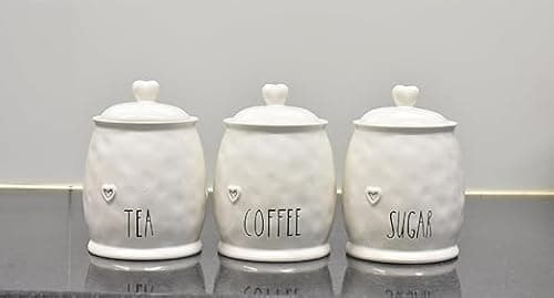 Image of DEENZ Set Of 3 Durable Ceramic Tea, Coffee & Sugar Kitchen Storage Heart Lid Jars/Canisters Shabby Chic Love Motif Barrel Name Labelled Food Preservatives 12 X 12 X 17 Cm (WHITE)