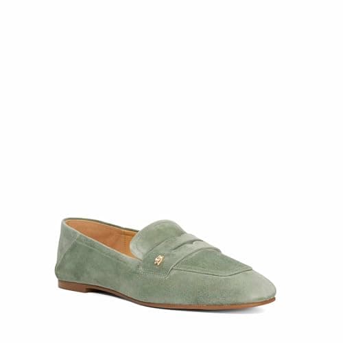 Image of Dune London Ladies GLANCES Leather Crush Back Logo Penny Loafers Size UK 5 Suede Green