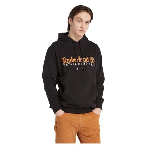Image of Timberland Sweatshirt Established 1973 Embroidery Logo Brush Back Hoodie Black M Men's, Black/White, M