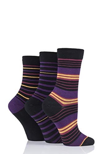 Image of SockShop Ladies Gentle Bamboo Socks with Smooth Toe Seams In Plains and Stripes Pack of 3 Black Pansy 4-8