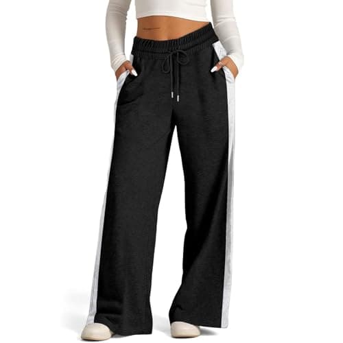Image of Wide Leg Yoga Joggers Pants for Women UK, Drawstring Stretch Elasticated Sweatpants, Straight Leg Tracksuit Bottoms Jogging Yoga Gym Lounge Trousers with Side Stripes with Pockets Black