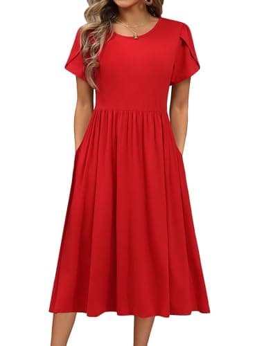 Image of HOTOUCH Dress Women Elegant Round Neck Dresses Short Sleeve Tunic Dress Casual A Line Dresses Classic Midi Dress with Pockets Red XXL