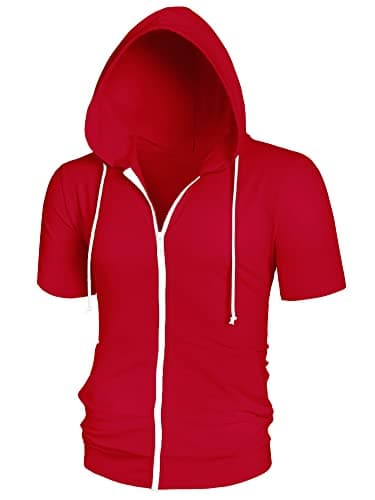 Image of Lars Amadeus Men's Hoodies Solid Color Zip Up Short Sleeve Jackets with Hood Red XL
