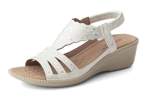 Image of Cushion Walk Women's Extra Wide EEE Fit Diamanté Sandals, Sparkle Rhinestone Low Wedge Slingbacks with Cushioned Insole, Elasticated Strap Glamorous Evening Summer Shoes (Size 8, White Shimmer)