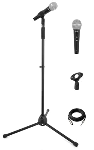 Image of Pyle Microphone with Stand Kit – Dynamic Wired Mic with 5m Cable, Floor Microphone Stand & Holder with Carry Bag, Complete Vocal Mic Set for Singing, Stage, Presentations, Schools & Live Events