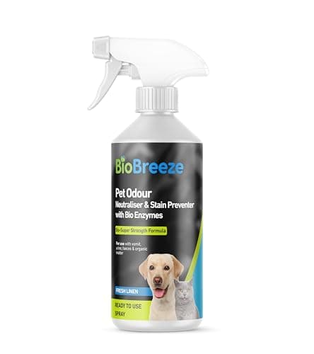 Image of BioBreeze Pet Stain and Odour Neutraliser Spray - Carpet Cleaner and Upholstery Cleaner with Bio Enzymes - Effective Cleaning Products for Dogs and Cats - Fresh Linen Scent, 500ml