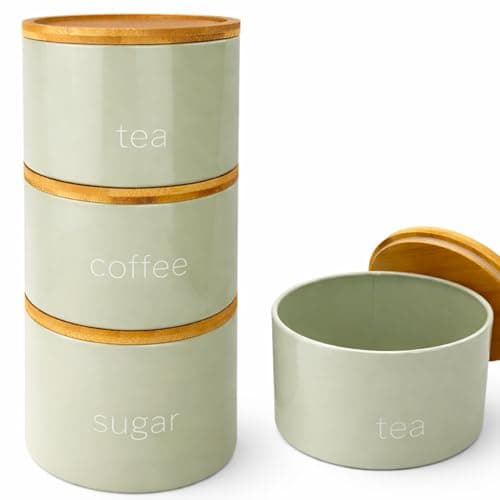 Image of 3 Pieces Jar with Wooden Lid Tea Coffee Sugar Canister Storage Container Bowl Pots Kitchen Storage Tins (Sage)