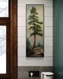 Image of CAOXTART Pine Tree Wall Art - Forest Canvas Painting, Rustic Nature Wall Art, Tranquil Woodland Print for Living Room Home Decor(45x135cm/Frameless)