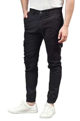 Image of Soroor Mens Cargo Joggers - Slim Tapered Fit Cargo Trousers for Men UK, Stylish Combat Trousers, Joggers for Men UK, Comfortable Everyday Wear | Black - 29L 30W | Pique Stretch Cotton Mens Joggers