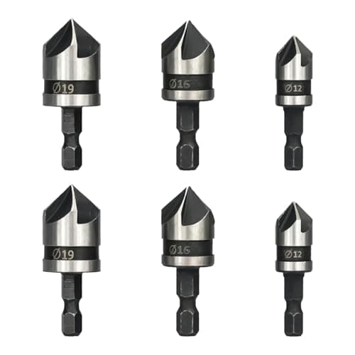 Image of 6 Pcs 1/4 Inch Hex Shank Countersink, 12mm/16mm/19mm Countersink Set, Drill Bit 5 Flute 90 Degree Chamfering Bits, High Carbon Steel Bits for Wood Plastic Soft Metal Fiberboard Plywood DIY Projects