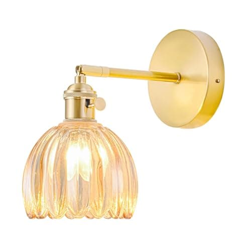 Image of NETHCUEL Hardwired Wall Sconce Lights, Vintage Wall Lights with Switch, Gold Wall Lights with Tulip Amber Glass Lampshade, Indoor Wall Lights for Bedrooms, Bedside Wall Lamp, Light Bulb Not Included