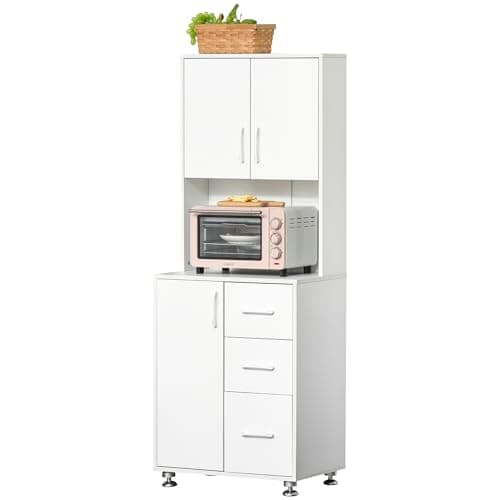 Image of HOMCOM Modern Kitchen Cupboard with Storage Cabinets, 3 Drawers and Open Countertop for Living Room, White
