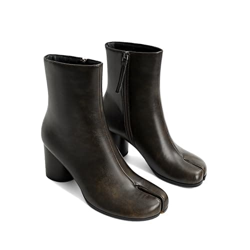 Image of Gengzai Women's Split Toe Short Ankle Boots Chunky Block Heel Tabi Shoes with Side Zip Casual Retro Boots for Comfortable Daily Wear, Brown, 6 UK